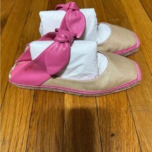 Jimmy Choo Reka Flat Woven Espadrille Flats with Pink Bow Accent size 37